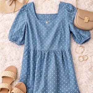 Loft Blue Cotton Puff Sleeve Cottagecore Mini Dress size 10